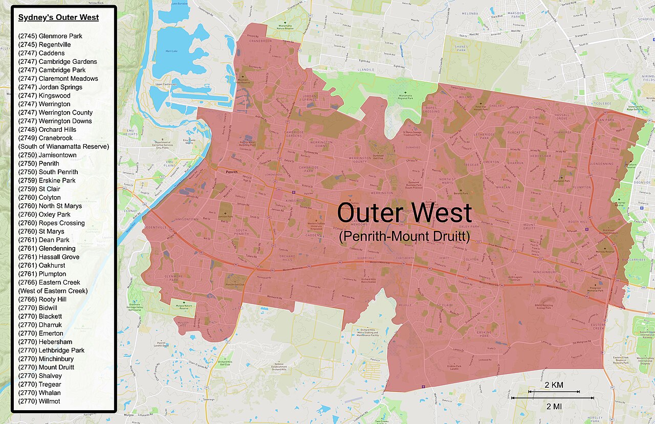 Regional map of Sydney Outer West with Glendenning labelled among nearby suburbs