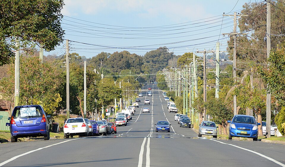 Tree-lined Carpenter Street in Colyton, Sydney, photographed in 2015