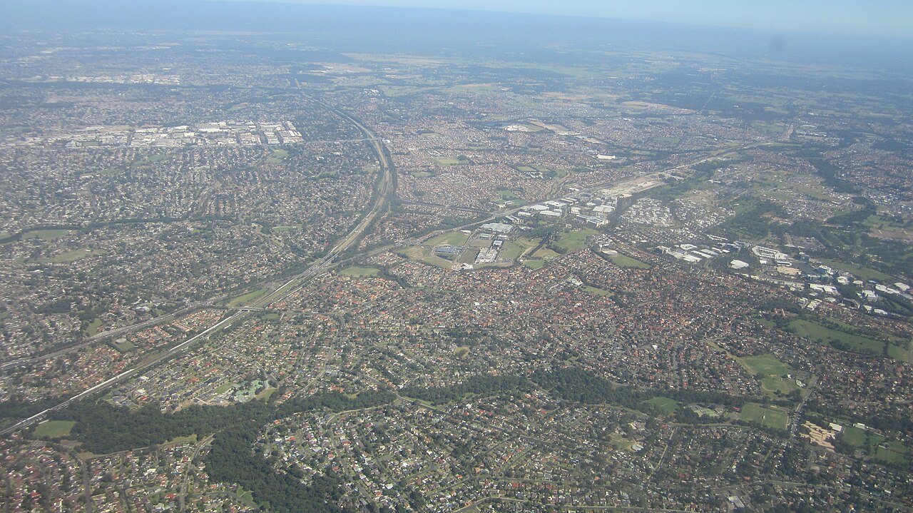 Aerial view across Kings Park and neighbouring Blacktown suburbs