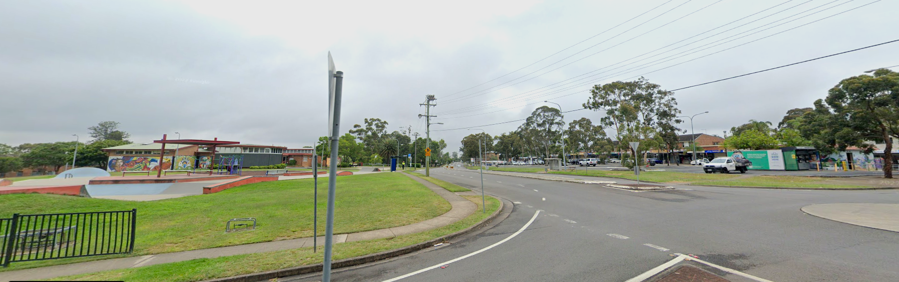 Panorama of Freeman Street in Lalor Park with skate park, library area and shops