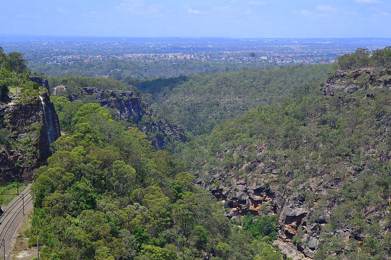 View east from south Lapstone over a wooded sandstone gorge