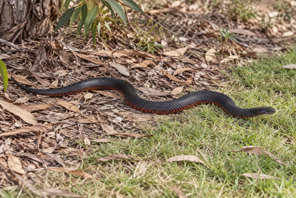 Original AI illustration of a black snake with red flanks beside leaf litter and grass.
