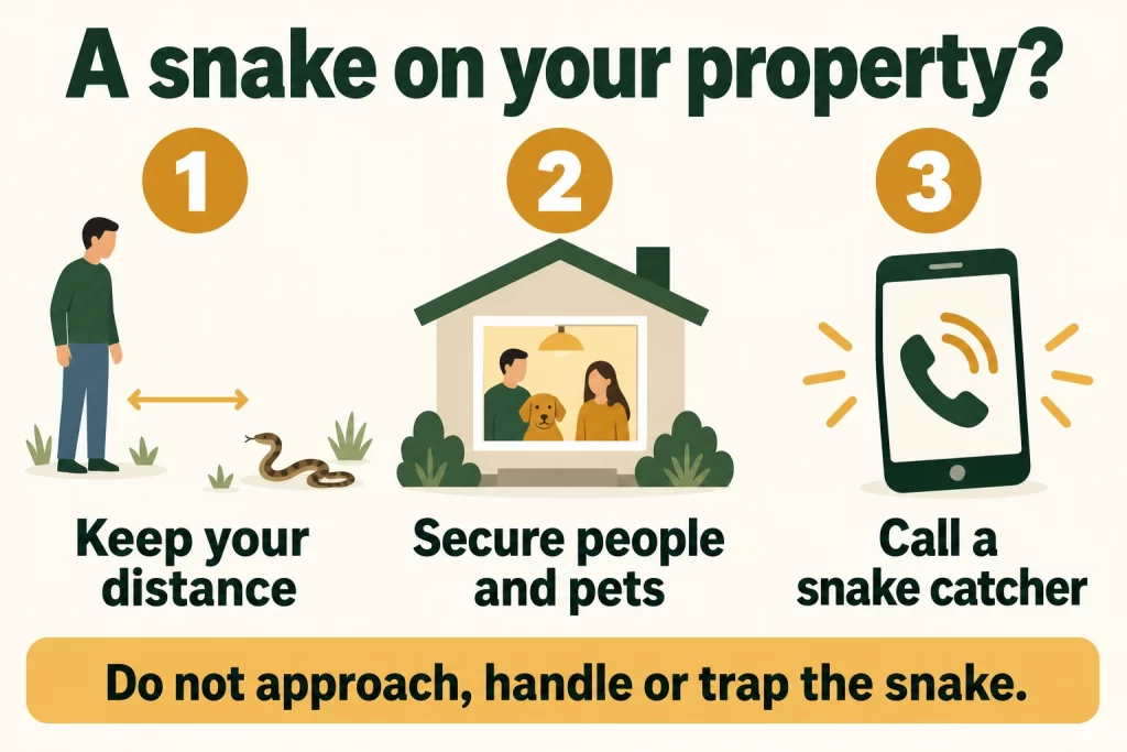 Keep your distance. Secure people and pets indoors. Call a snake catcher. Do not approach, handle or trap the snake.