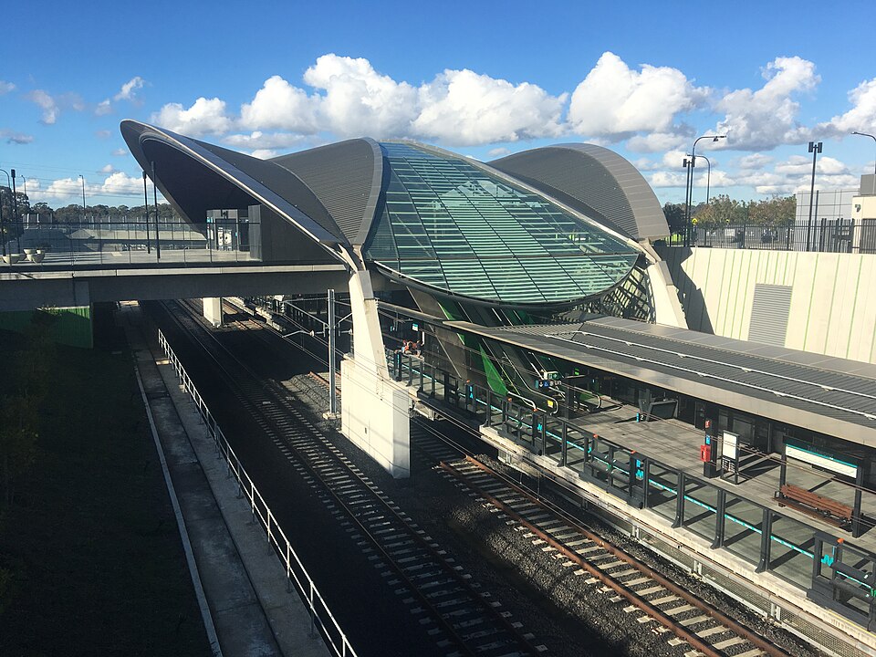 Elevated view of Tallawong Metro station platforms and roof in July 2019