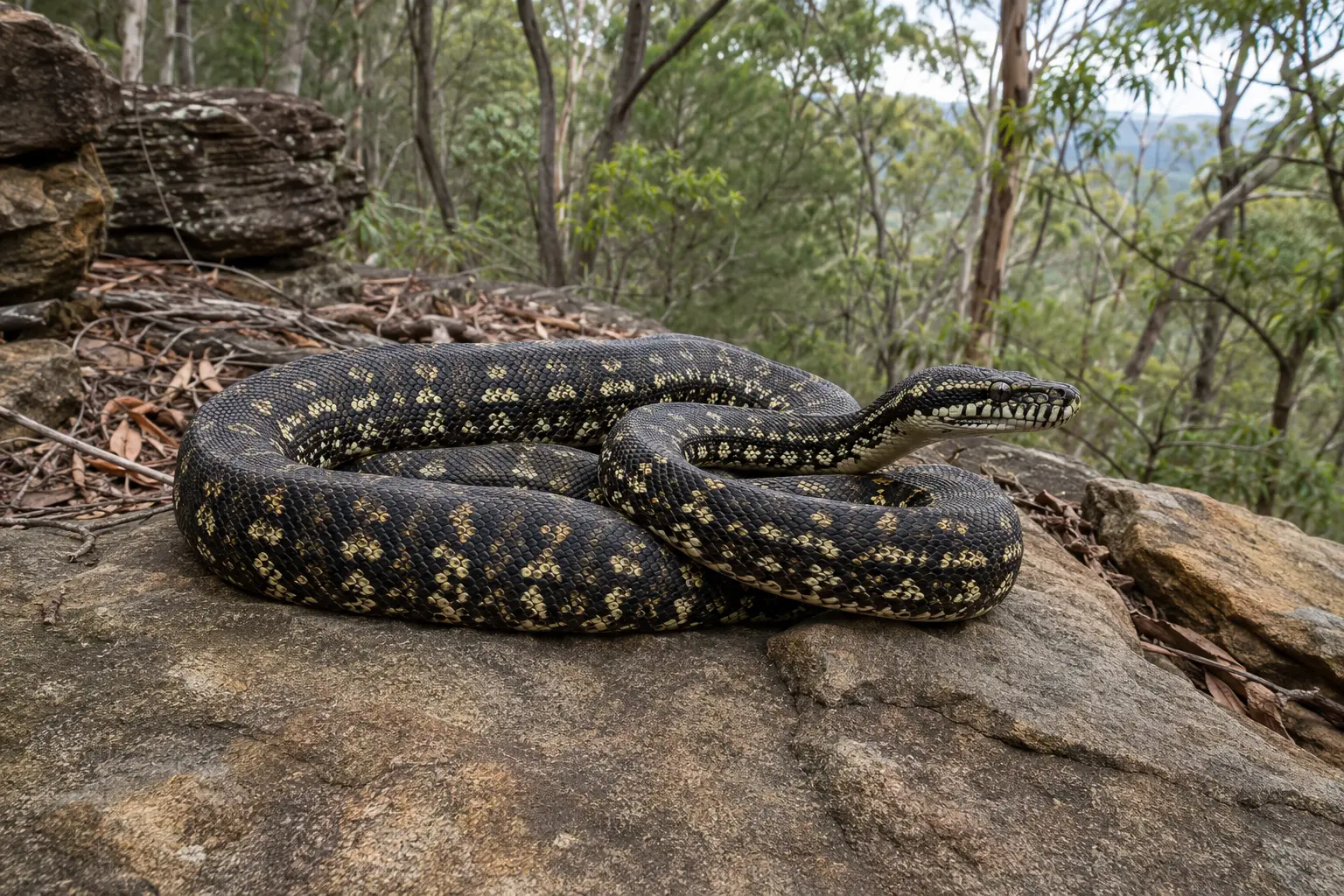 Illustrative Diamond Python with cream diamond markings on sandstone in Sydney bushland